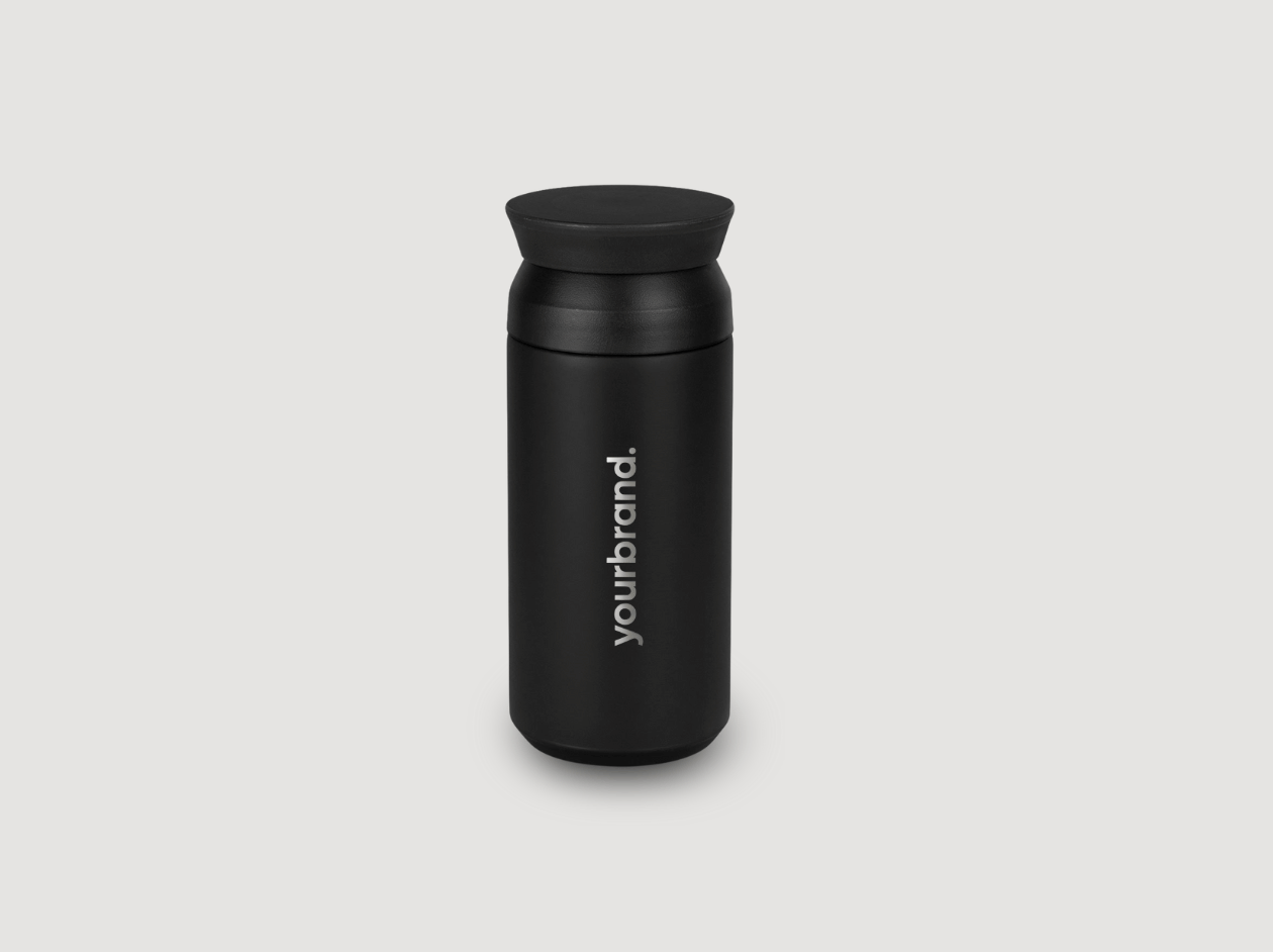 Black insulated travel mug on a light background