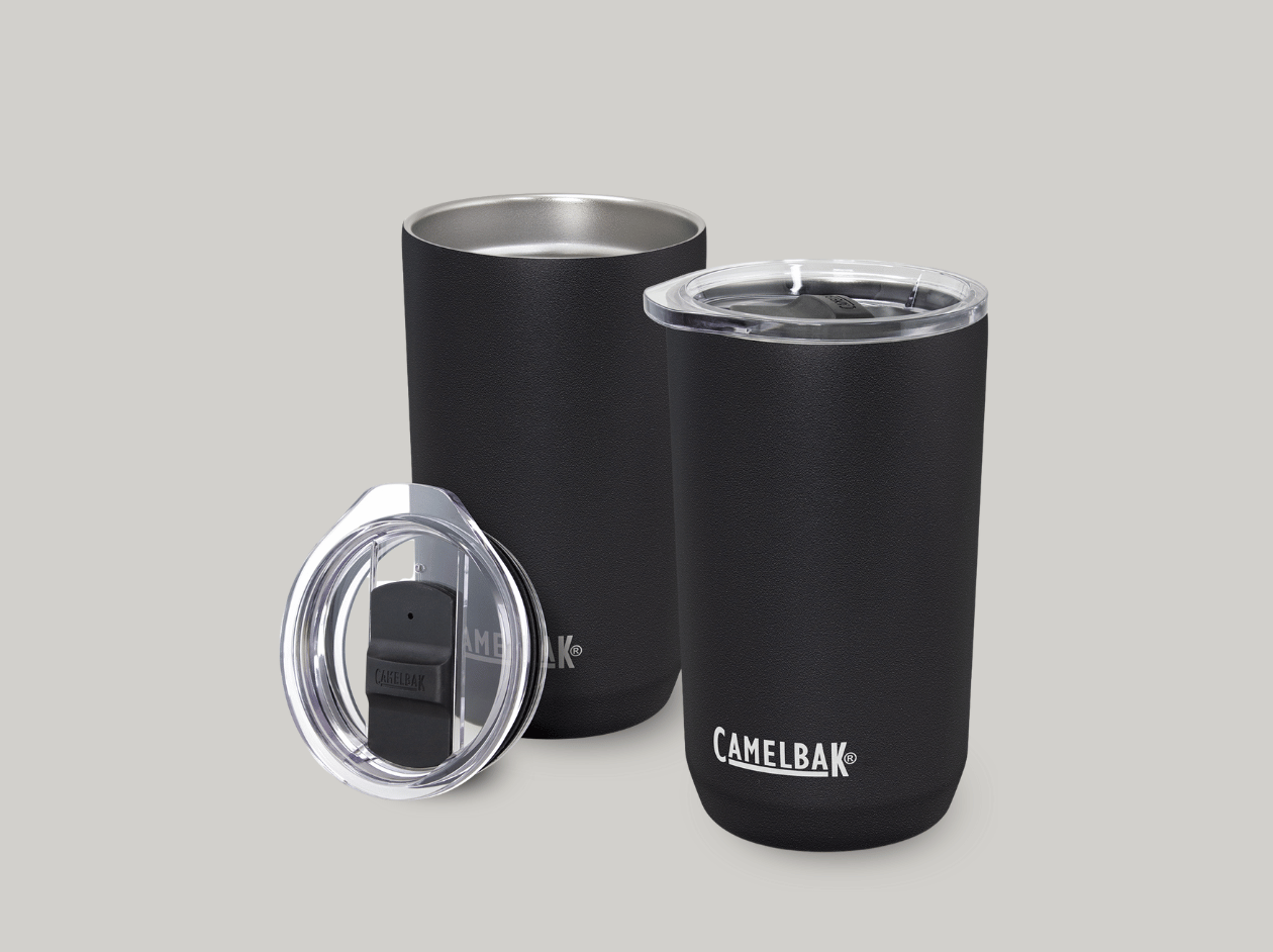 Black insulated tumblers with clear lids, one standing and one lying on its side, with a lid in front.
