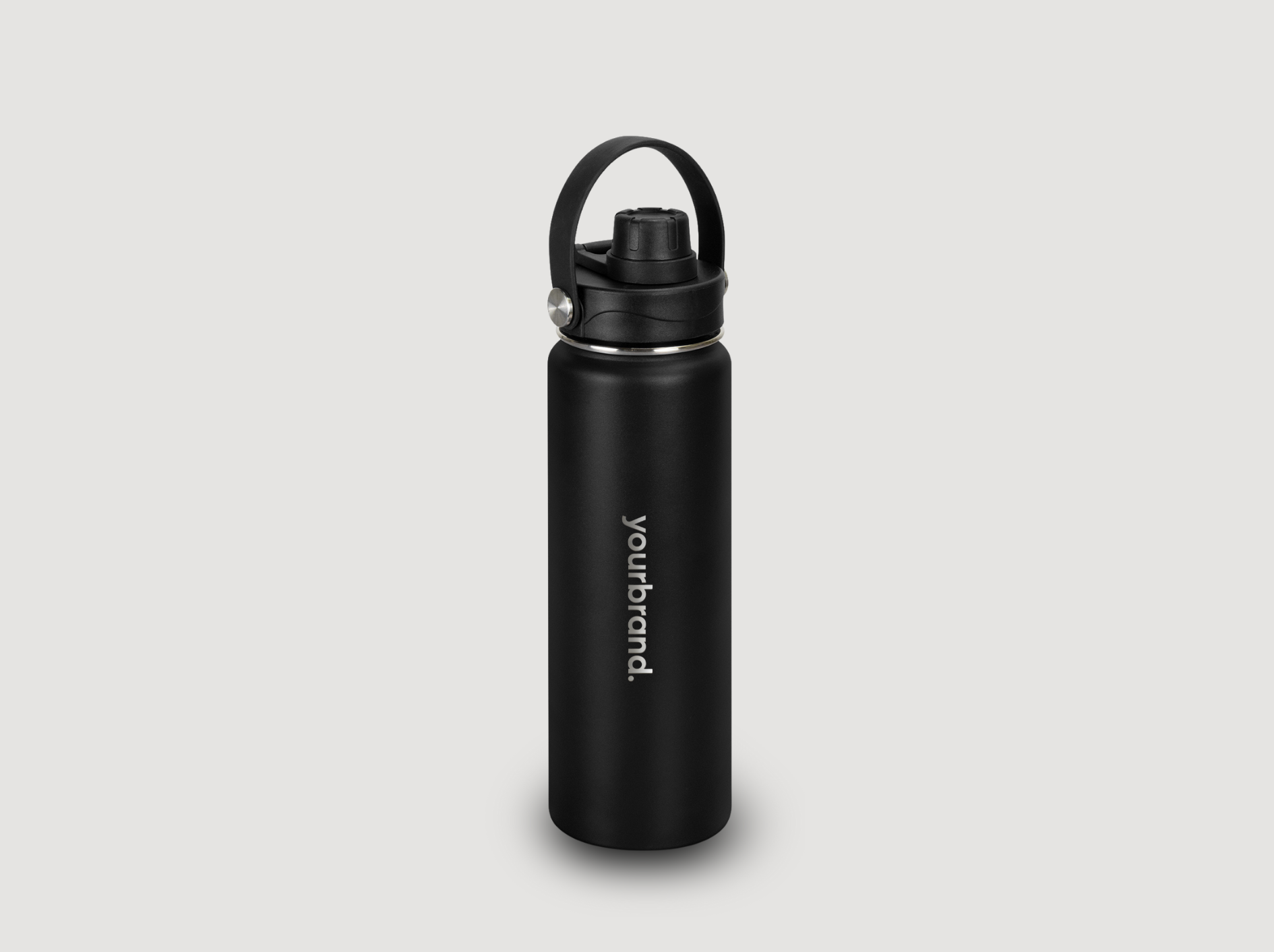 Black insulated water bottle with a looped handle on a light gray background