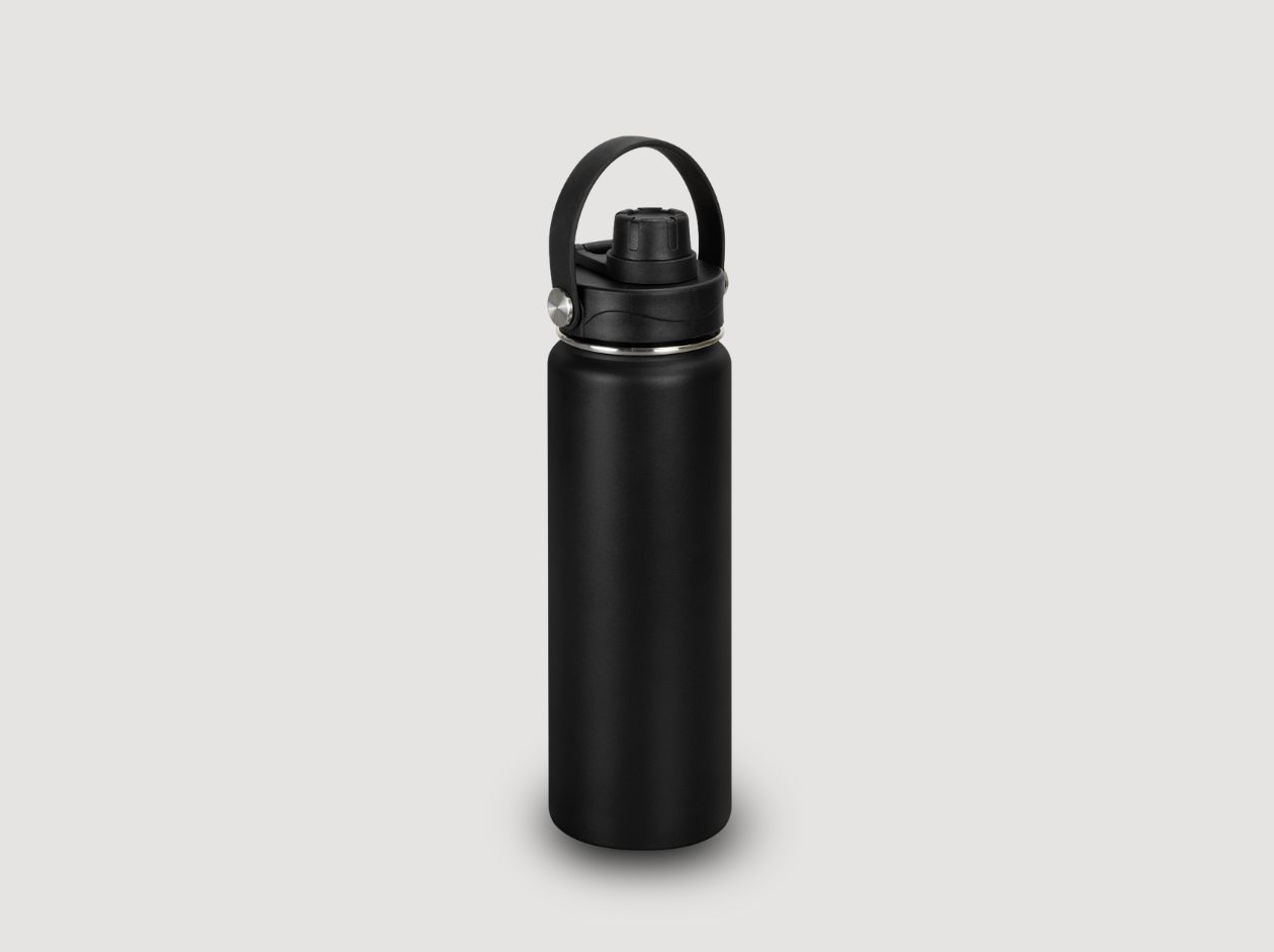 Black insulated water bottle with a looped handle on a light gray background