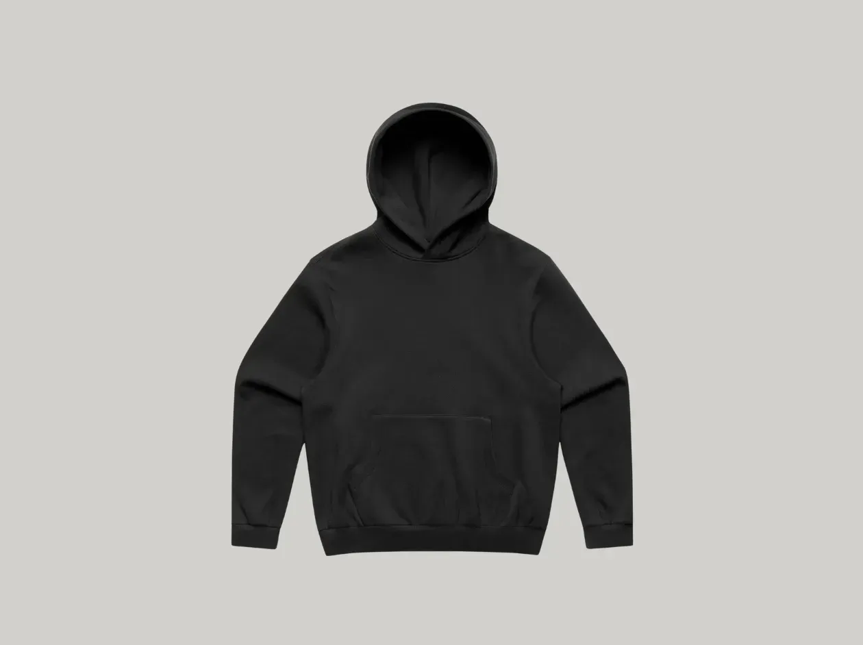 Person wearing a black hoodie and black pants against a light gray background