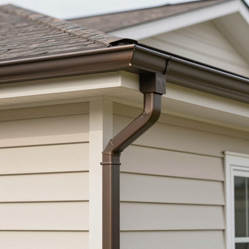 A brown metal gutter and downspout attached to the corner of a house with beige siding and a shingled roof.