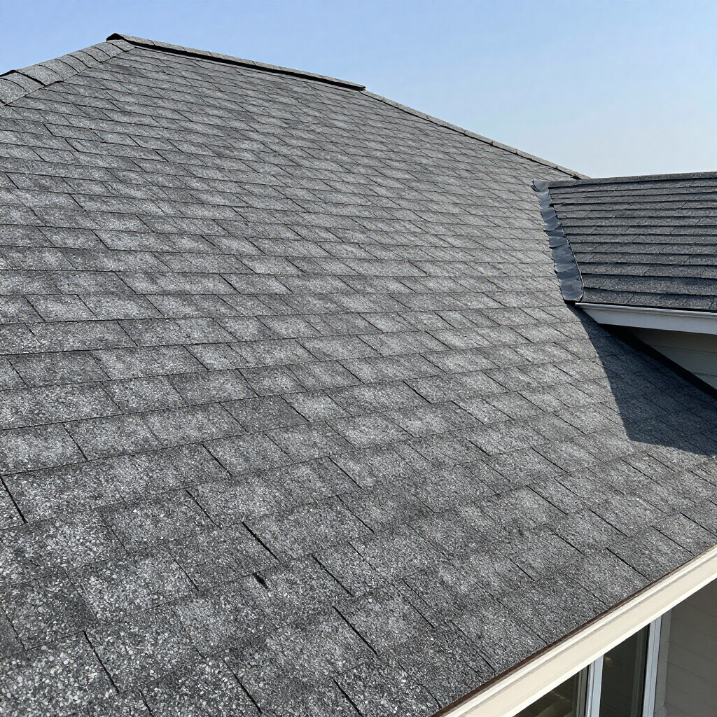 A close-up view of a gray asphalt shingle roof on a house under a clear, bright blue sky.
