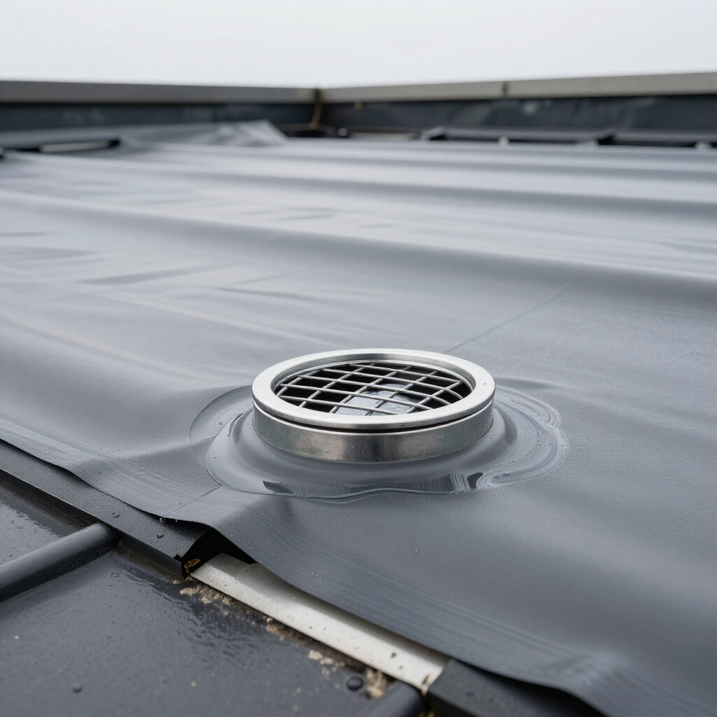 A circular metal roof drain set into a flat, gray waterproof membrane on a roof.