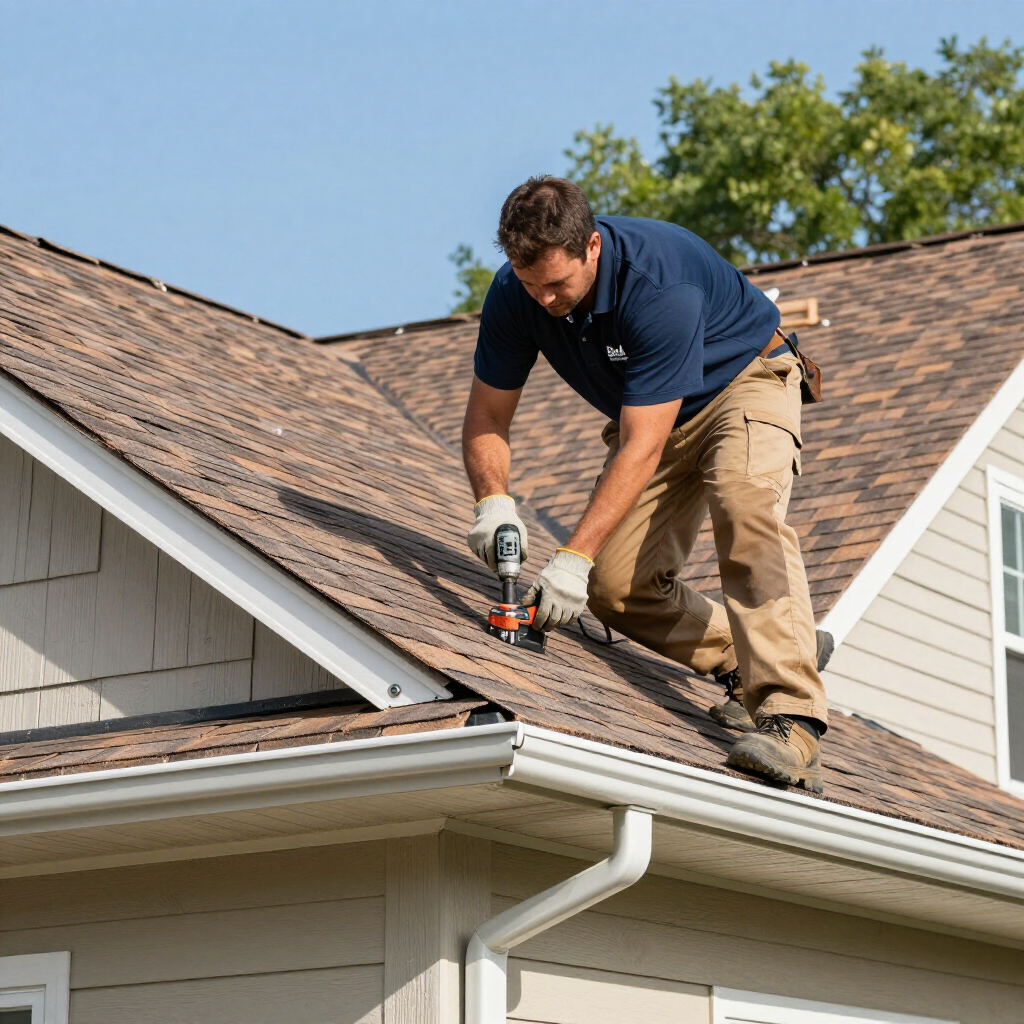 A person in a blue polo and tan work pants kneels on a shingled roof, using a power drill to install roofing materials.