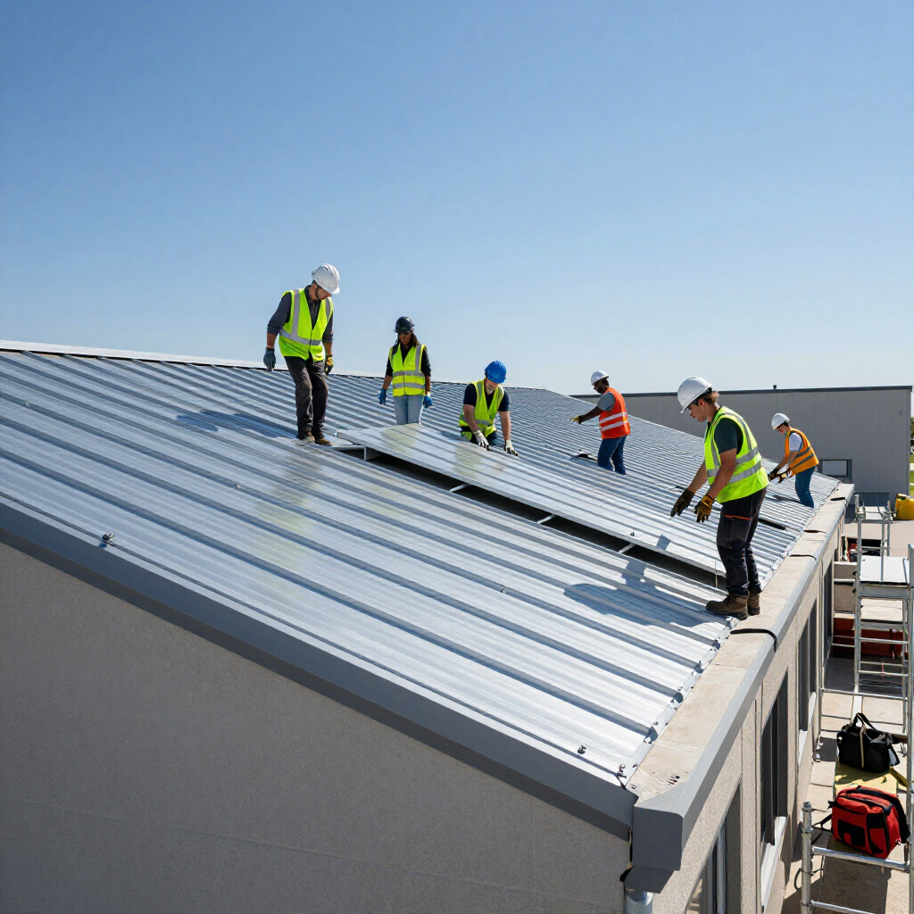 Construction workers in safety gear install solar panels on a metal roof against a clear blue sky.