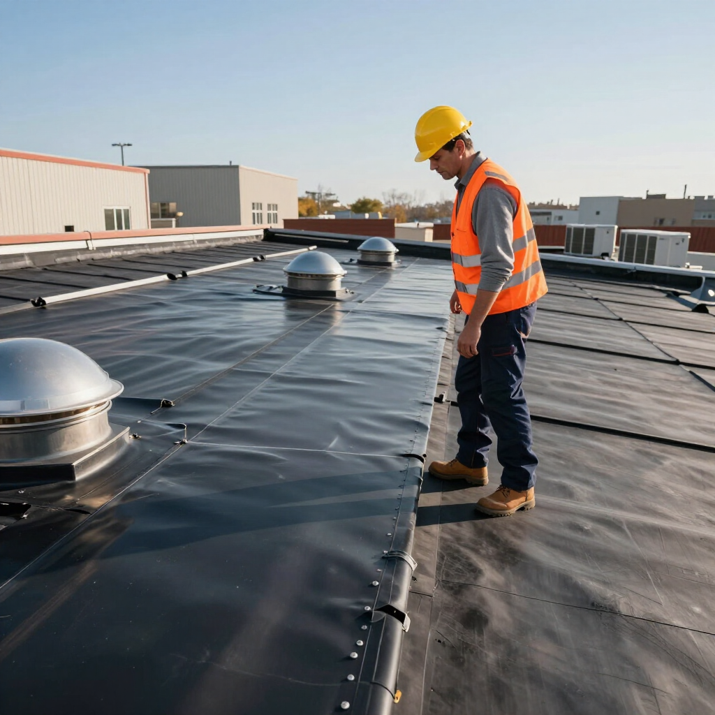 A worker in a high-visibility vest and yellow hard hat inspects a flat, black membrane roof on a sunny day.