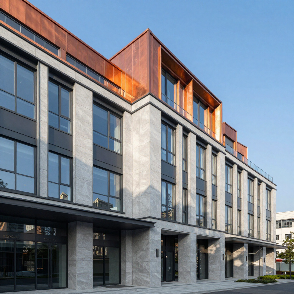 A modern four-story building featuring stone columns, large windows, dark metal accents, and copper-colored top panels.