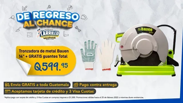 Un anuncio de una sierra circular y guantes.