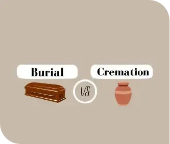 Burial vs cremation comparison with coffin and urn icons on beige background