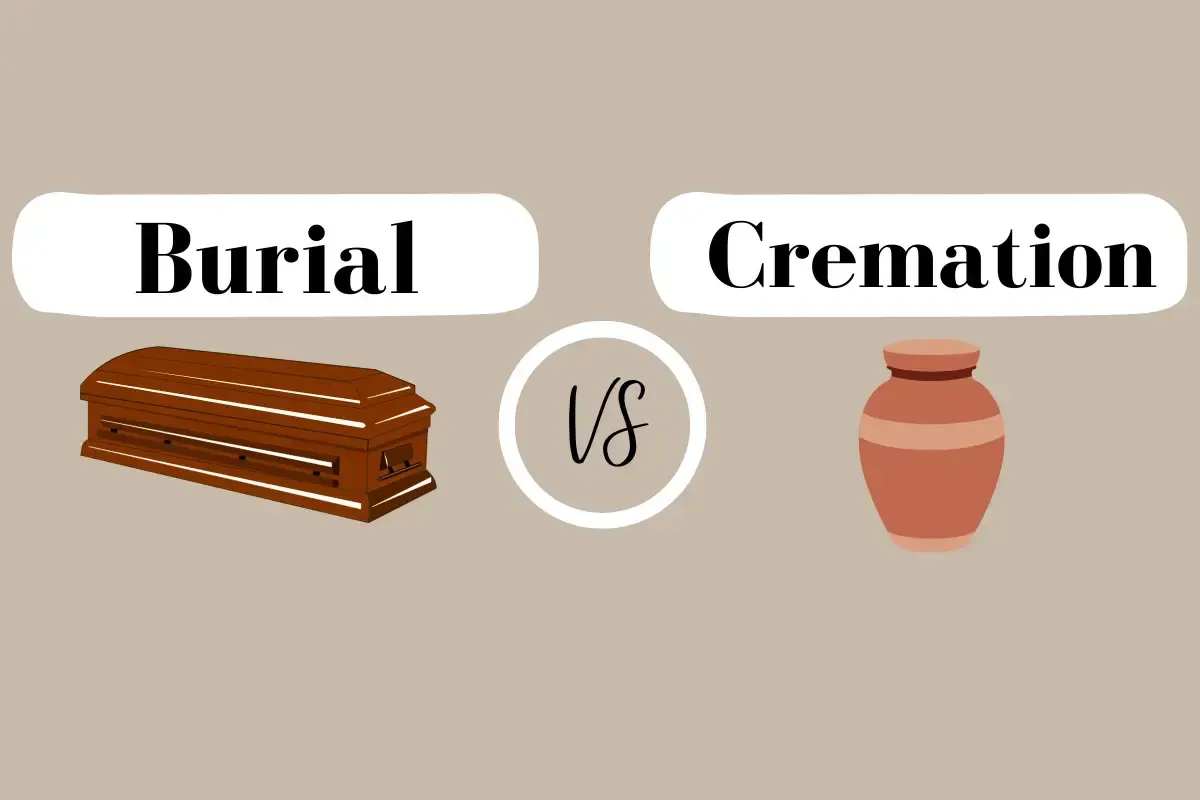 Burial vs cremation comparison graphic with a coffin and urn on a beige background