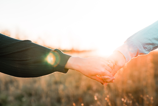Two people holding hands in a sunlit field at sunset