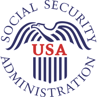 Social Security Administration seal with blue text and red USA over blue stripes