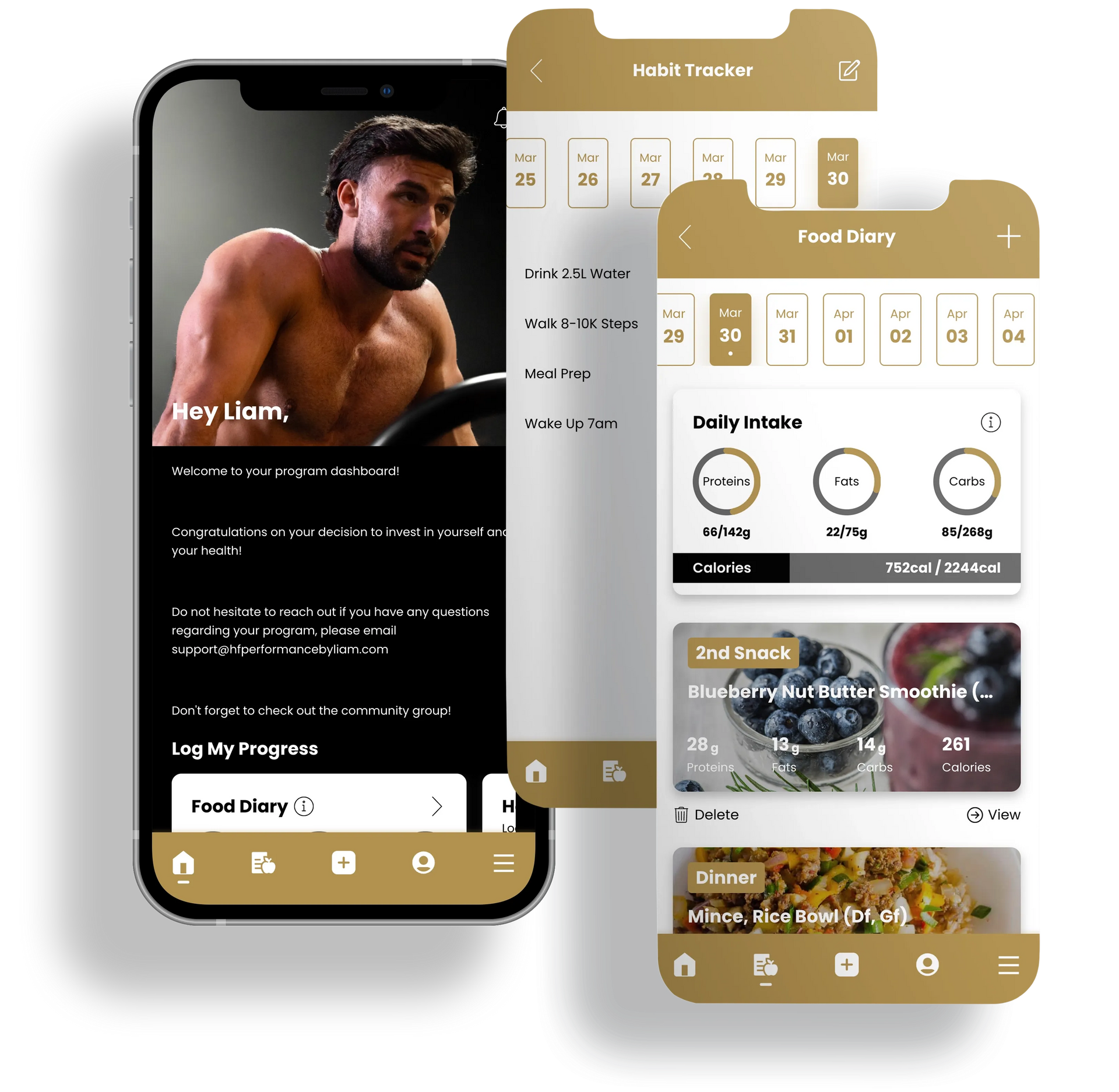 Three smartphones showing a fitness and nutrition tracking app with progress bars, food logs, and a habit tracker interface.