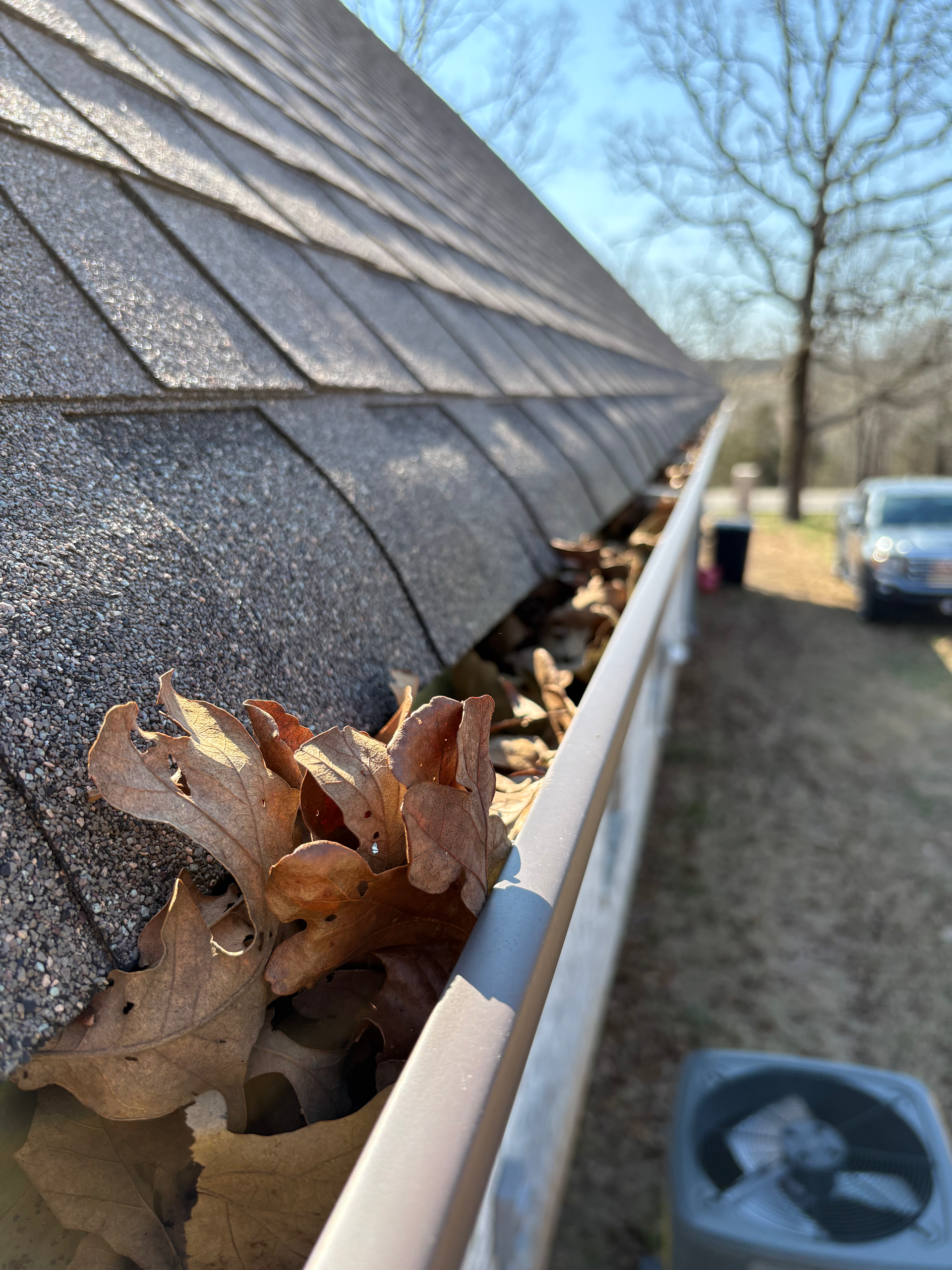 A close-up of a house gutter packed with dry brown autumn leaves, with a roof and blurred outdoor setting in the background.