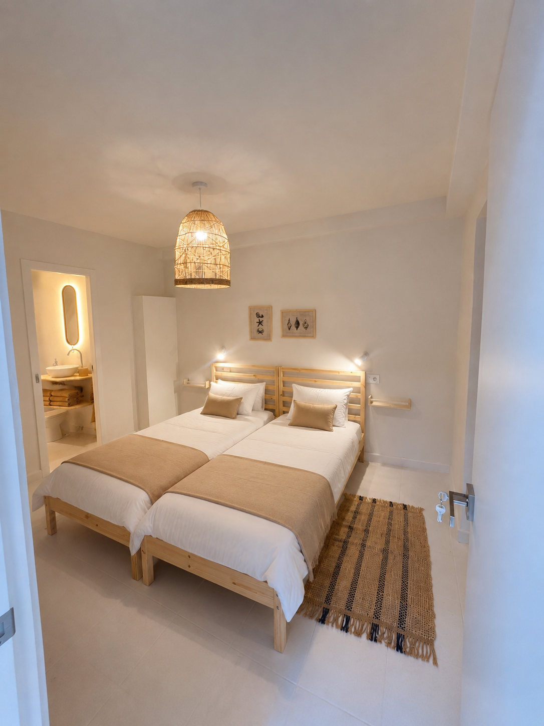 Habitación luminosa con cama blanca, suelo de baldosas y una pequeña mesa y sillas de madera en un hueco de la puerta.