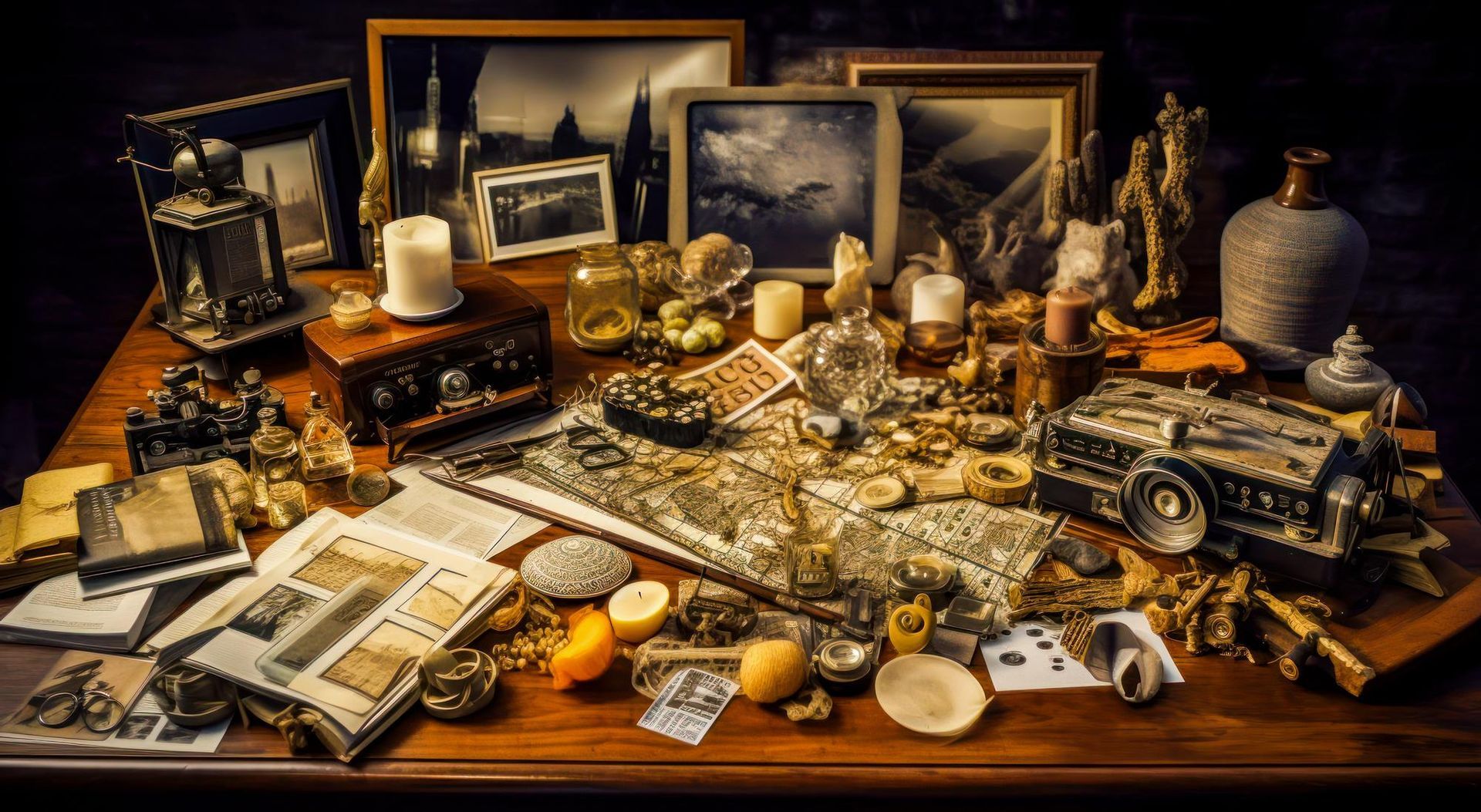 A wooden table topped with a variety of items including candles , pictures , and a map.