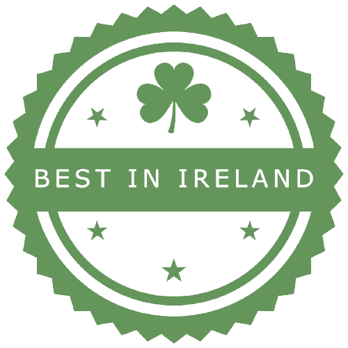 A green circle with a clover and the words `` best in ireland ''