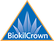 BiokilCrown logo: blue triangle with white plant-like design and text