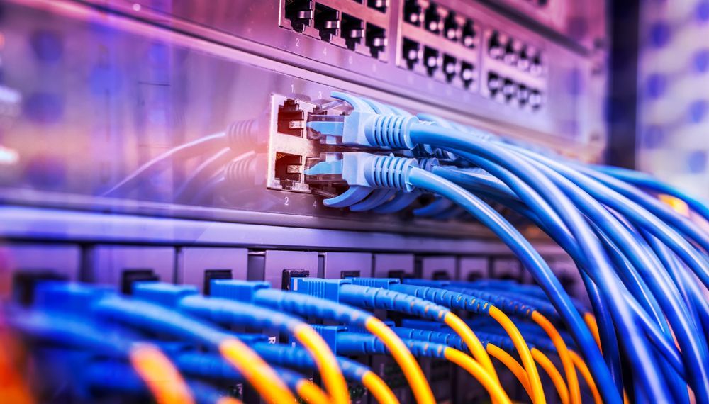 Blue Ethernet cables plugged into a server rack in a data center
