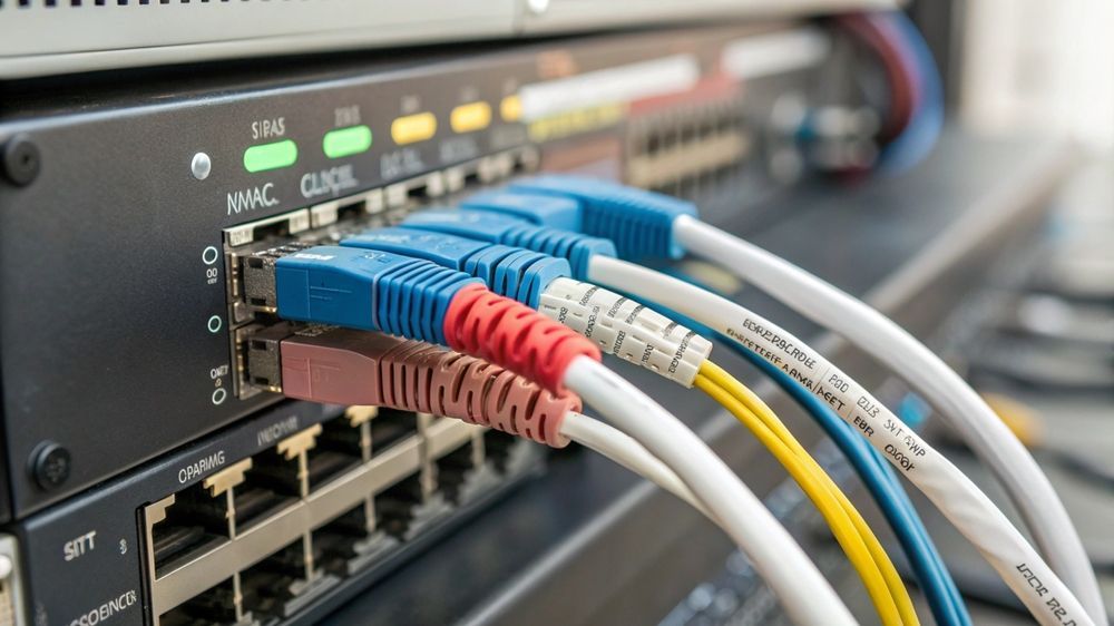 Network switch with multicolored Ethernet cables plugged into ports in a server rack