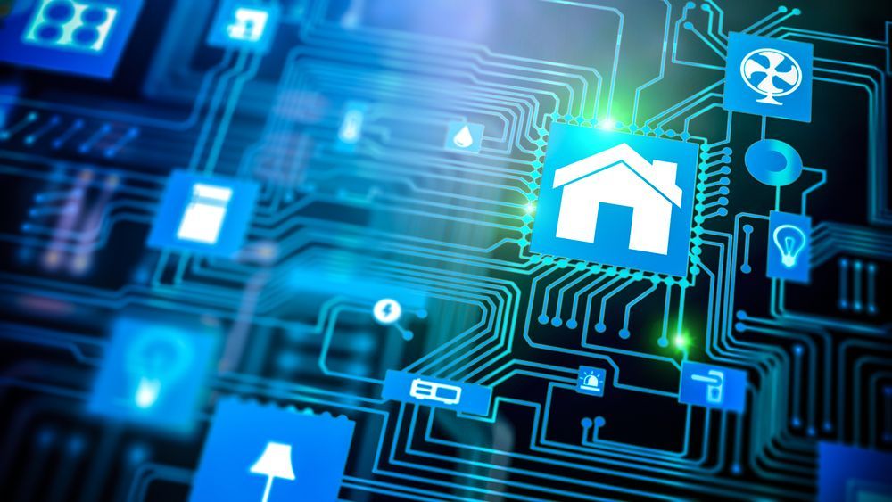 Glowing smart home icon on a digital circuit board with blue tech symbols and network connections