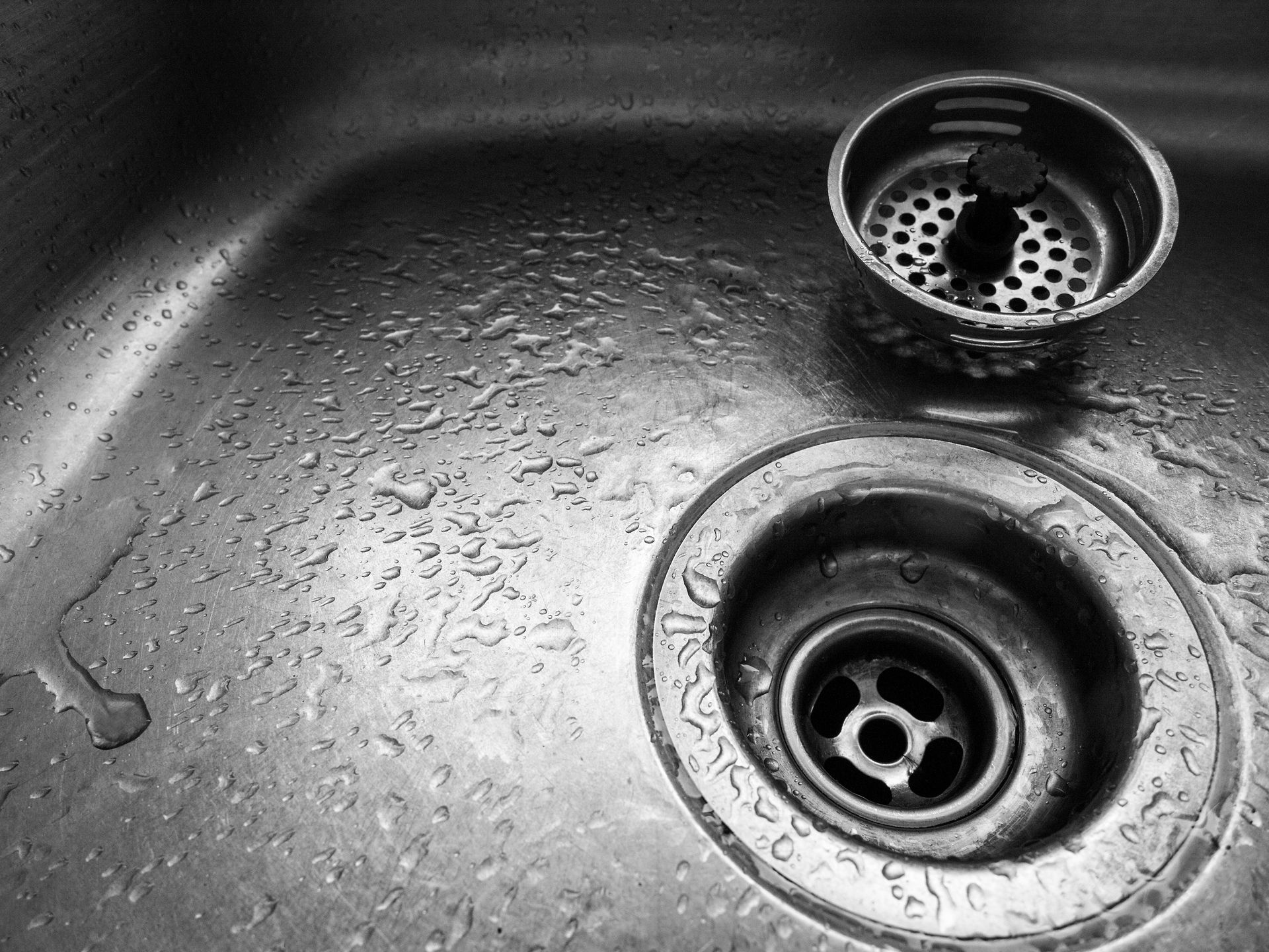 Wet stainless steel sink with drain and strainer basket, seen from above Wet stainless steel sink with drain and strainer basket, seen from above