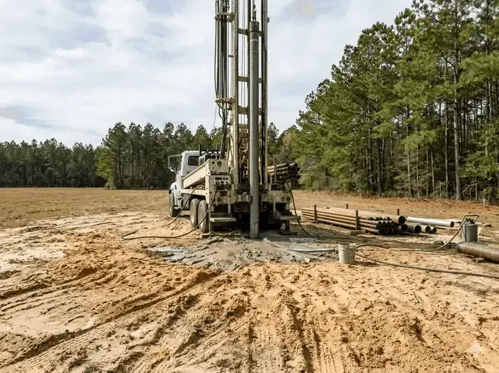 Large drilling rig on a muddy construction site beside a dirt road and pine trees