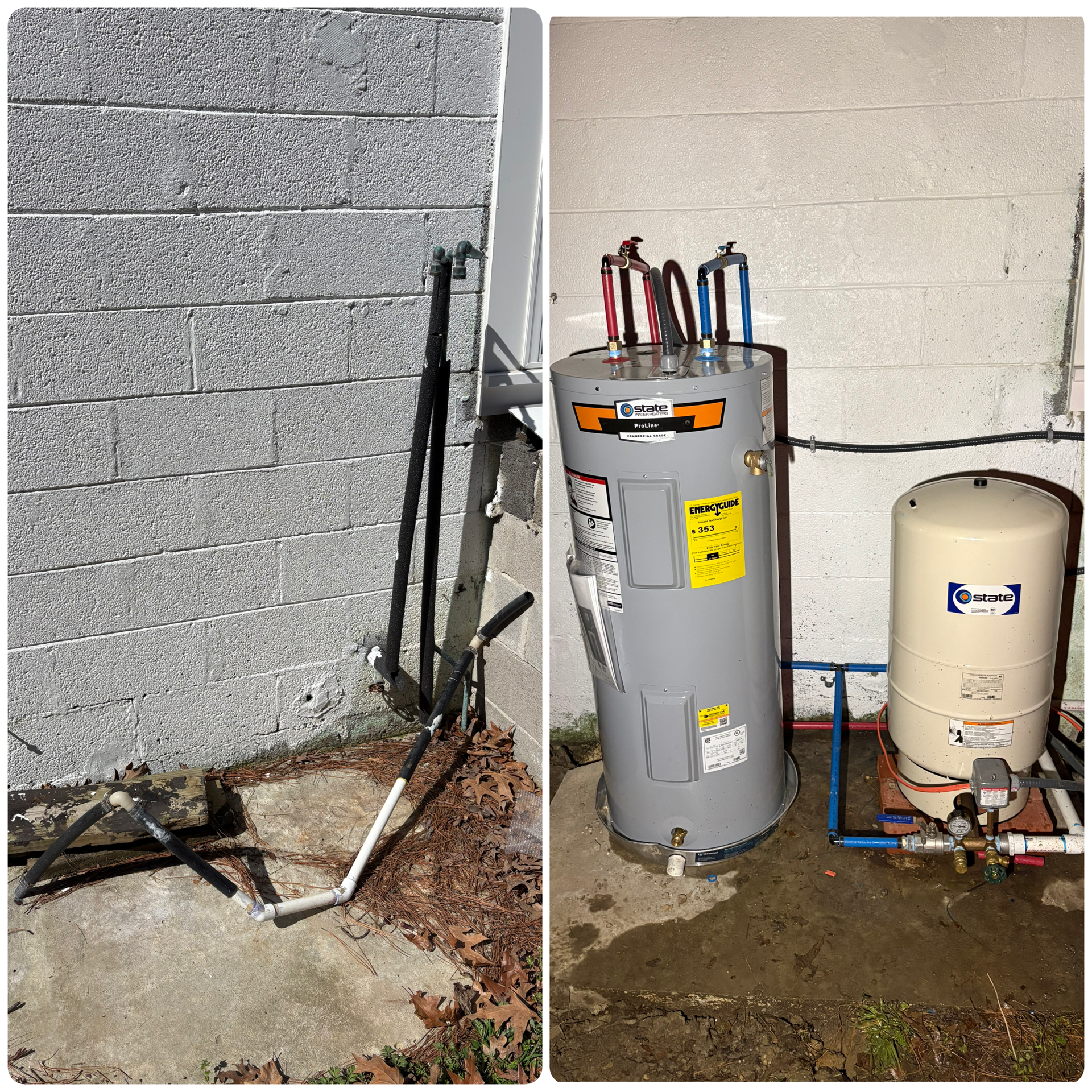 Outdoor utility area with water heater and tank beside a cinderblock wall, pipes and cables on concrete.