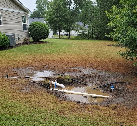 Waterlogged backyard with a muddy sinkhole exposing a pipe and standing water
