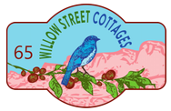 Logo: "Willow Street Cottages". Bluebird on branch, with address "65".