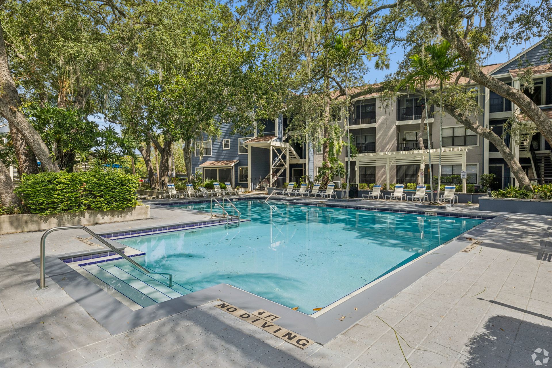 Apartment pool surrounded by trees and lounge chairs beside multi-story buildings