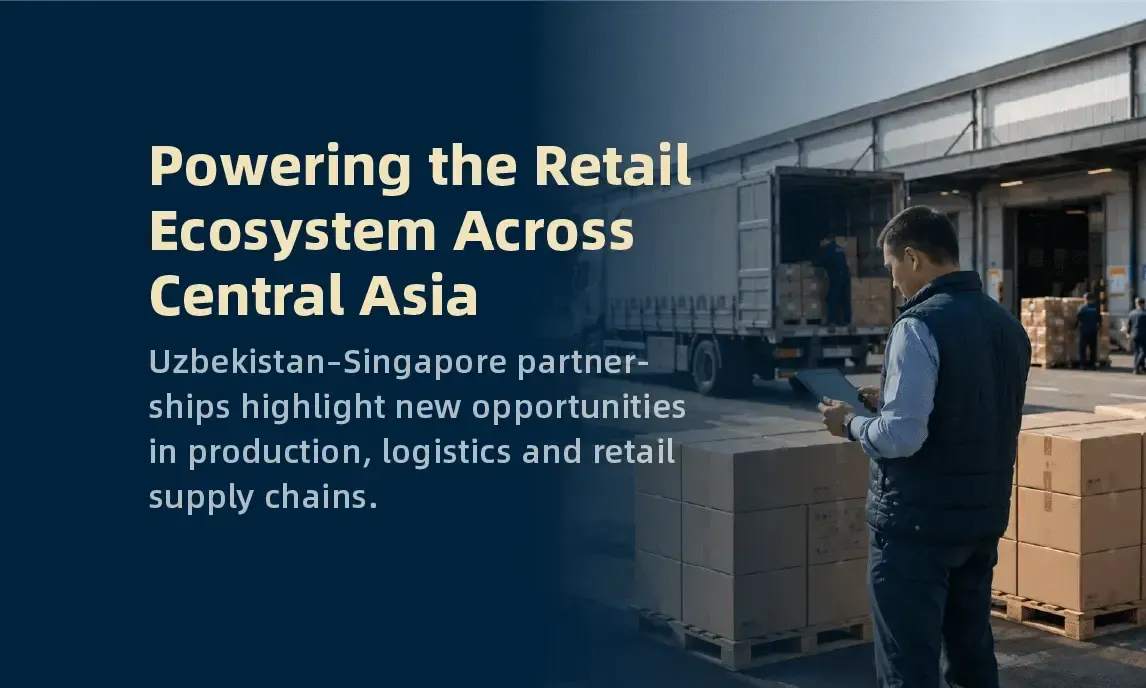 Stacked boxes at a warehouse loading dock with text: “Powering the Retail Ecosystem Across Central Asia”