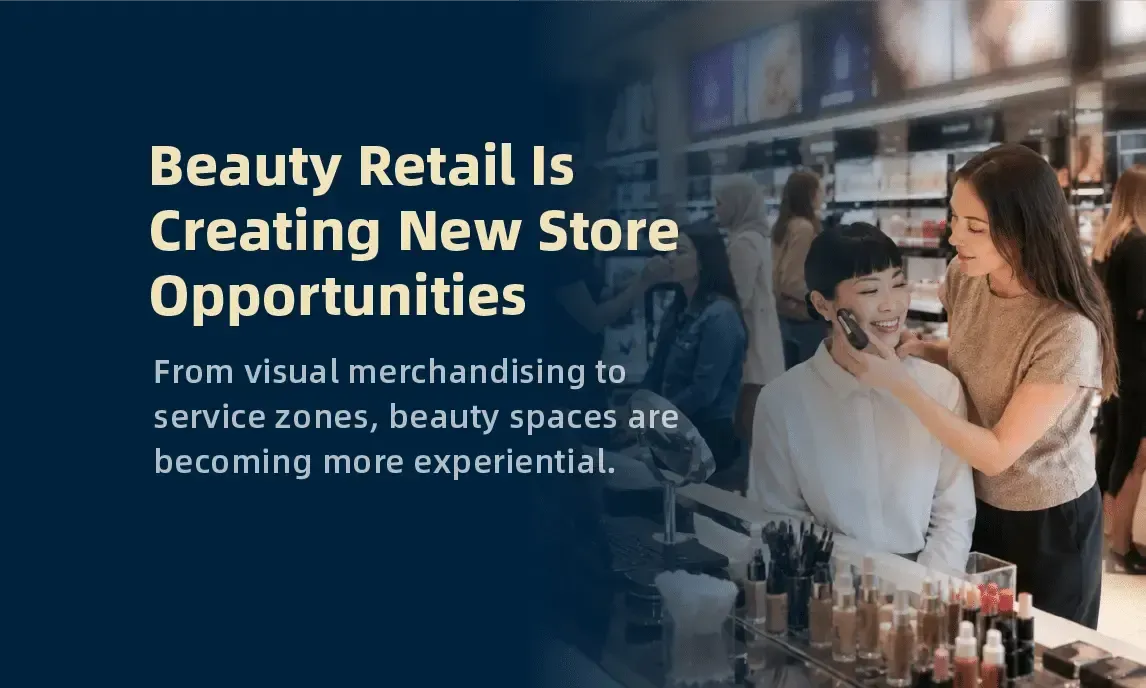 Beauty retail store opportunity text overlay beside a customer using a smartphone at a makeup counter