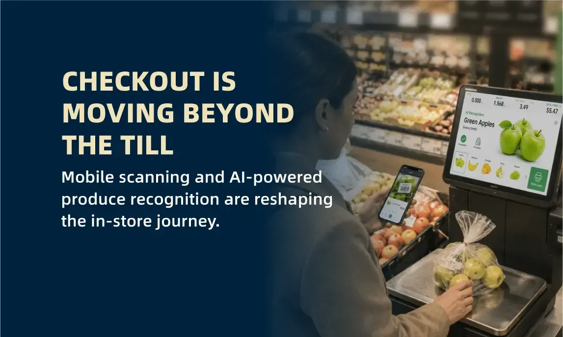 Checkout technology in a grocery store with produce scanning and AI on a screen, plus headline text.
