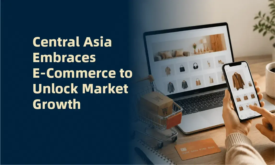 Central Asia e-commerce growth graphic with laptop, phone, and text on a blue background