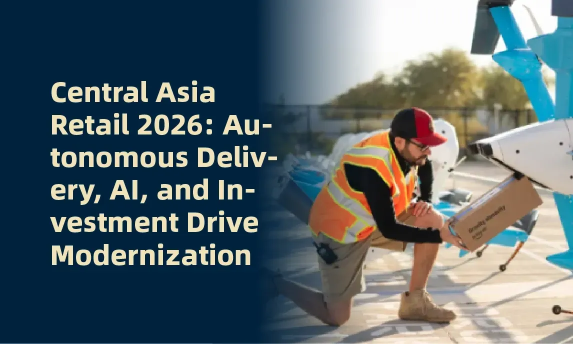 Central Asia retail 2026: worker loading autonomous delivery robot at a warehouse in orange safety vest