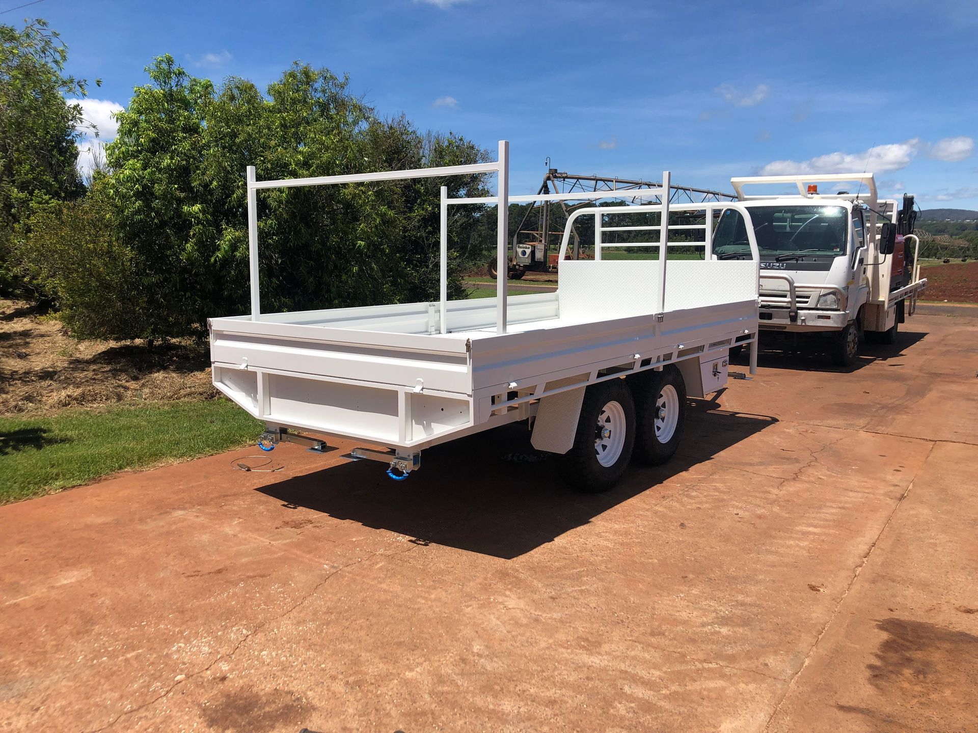 White utility truck with an attached white trailer, parked outdoors — Australian Mobile Welding Pty Ltd in Georgetown, QLD