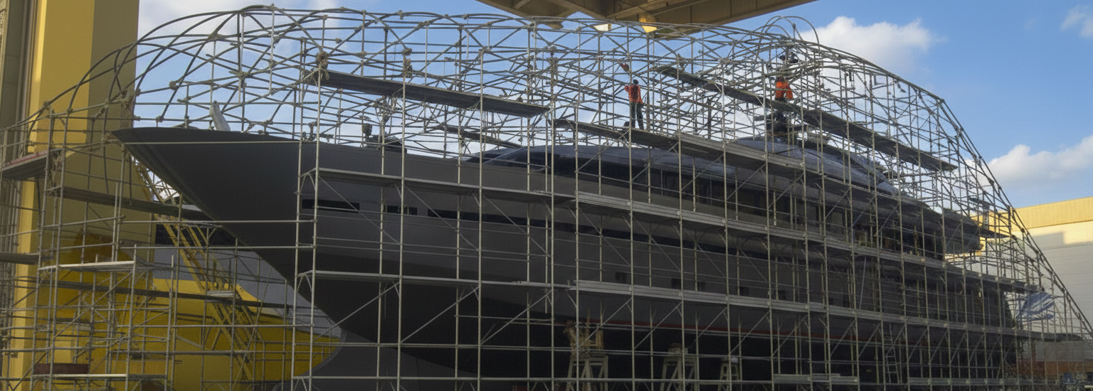 Un grande yacht in costruzione, circondato da impalcature e da una struttura metallica, contro un cielo azzurro.