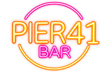Logo del Pier 41 Bar in stile neon, nei colori rosa e arancione su sfondo bianco.