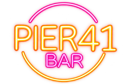 Logo “PIER41 BAR” in stile neon nei colori rosa, arancione e giallo su sfondo bianco.