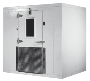 White walk-in cooler with door, window, and air vent in an industrial setting.