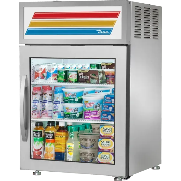Stainless steel glass door refrigerator displaying various food items.