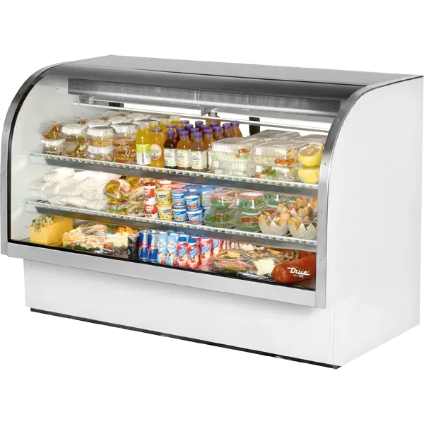 Glass-front refrigerated display case filled with assorted drinks, sandwiches, and packaged snacks