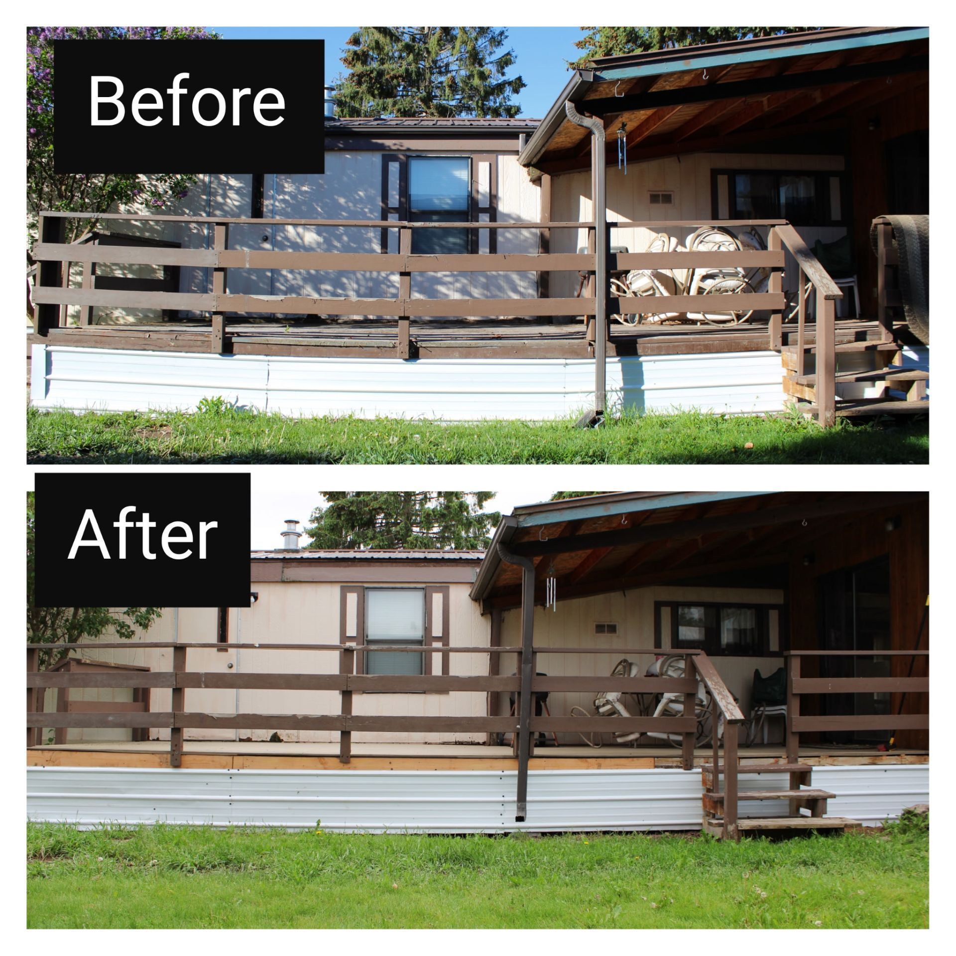 Before-and-after of a house porch fence repaint, changing from dark brown to light tan.