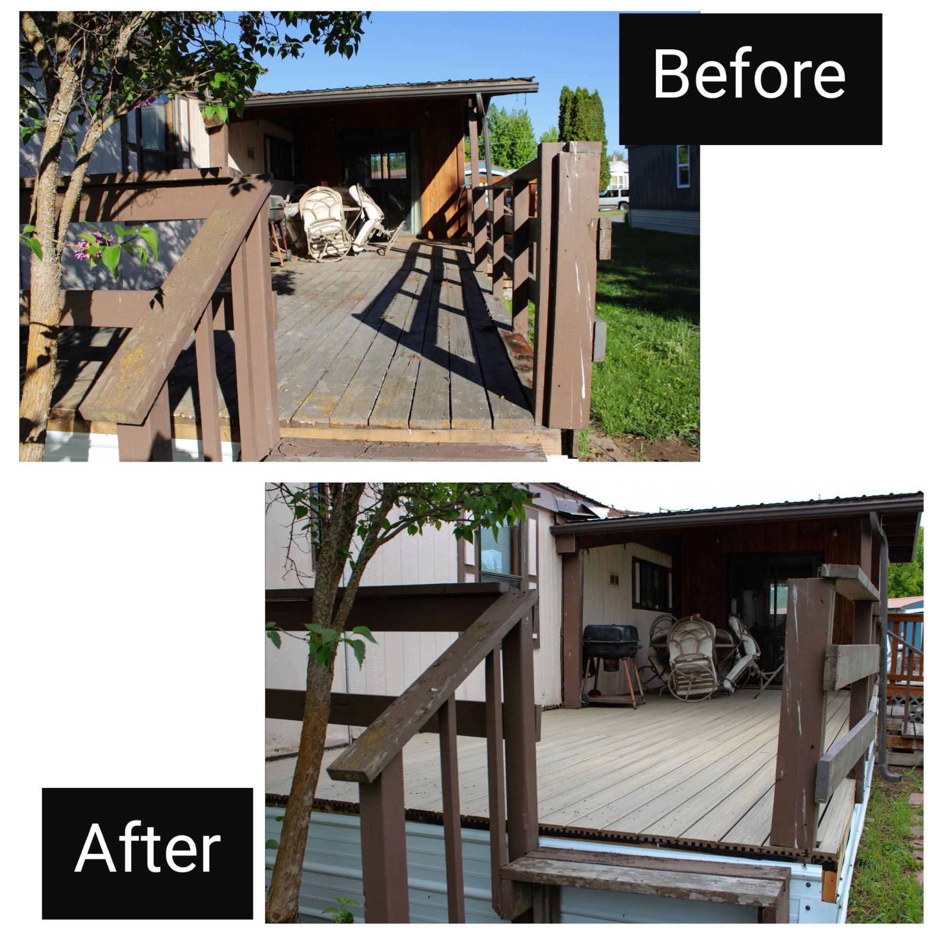 Before-and-after of a wooden porch: worn ramp and railings replaced with a cleaner deck entrance.