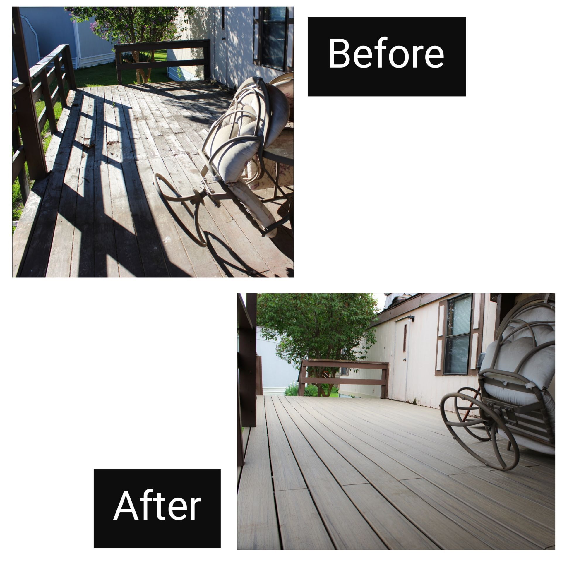 Before-and-after of a deck: old cluttered wooden porch replaced with a clean gray boardwalk and bench.