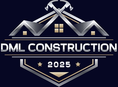 DML Construction logo with stylized roof, crossed tools, and &ldquo;2025&rdquo; on a dark background