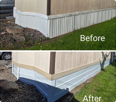 Before-and-after of a home's vinyl skirting and foundation repair at a corner exterior.