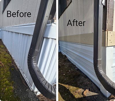Split before-and-after photo of a house exterior with repaired white siding and a gutter downspout.